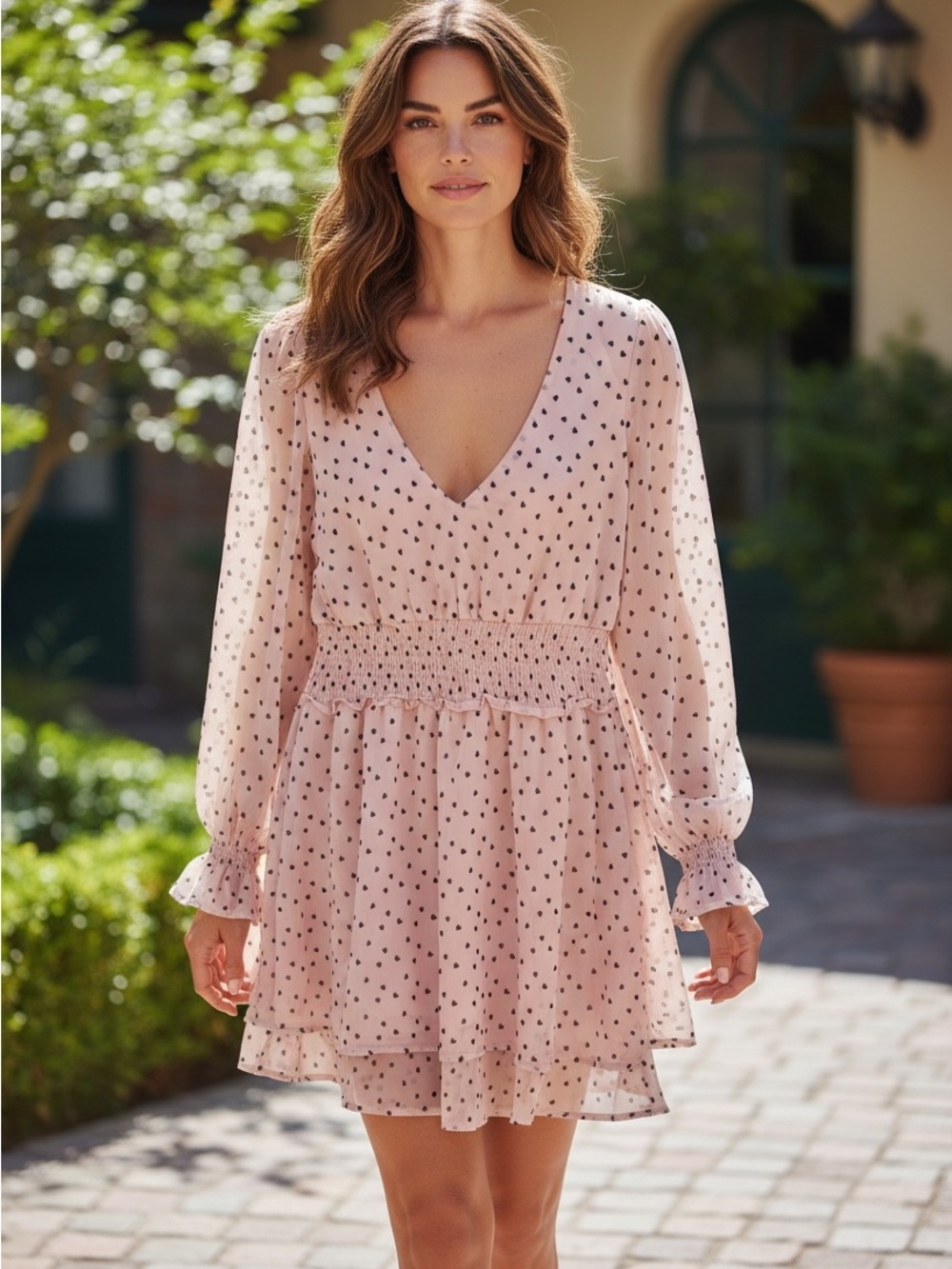 Francesca's Collections Blush Pink Polka Dot V-Neck Mini Dress